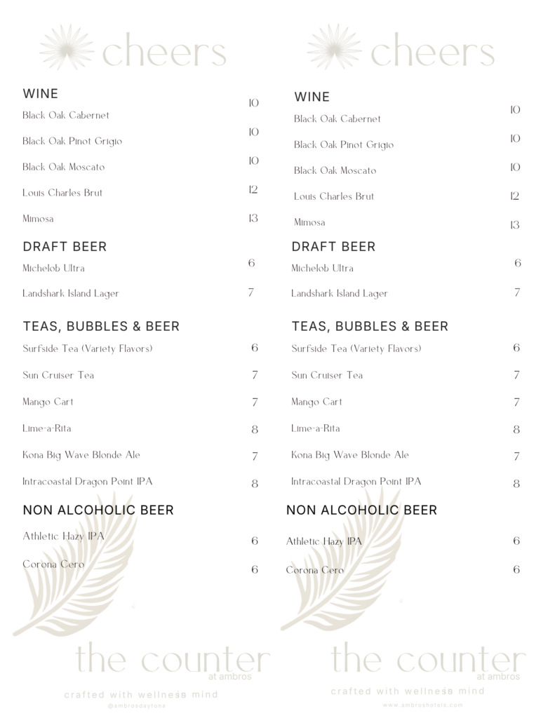 Dining menu for The Counter, Page 4 showing beverage selections