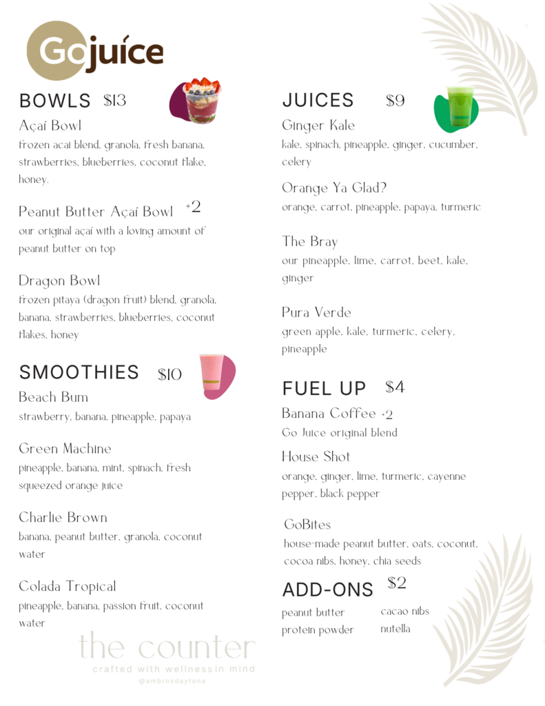 Dining menu for The Counter, Page 5 showing GoJuice selections including Bowls, Juices, and Smoothies