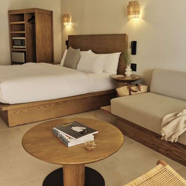 ADA-accessible King Suite at Ambros Hotel with open layout, lounge seating, and bedside access