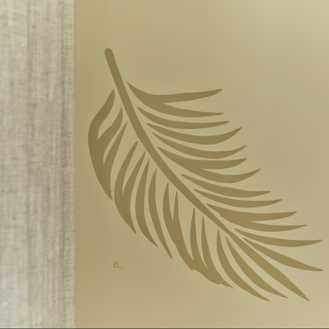 Minimalist palm leaf mural painted on a beige wall at Ambros Hotel